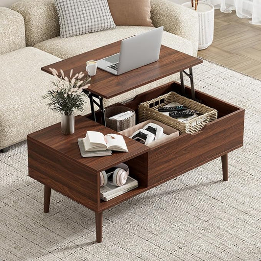 Wood Lift Top Coffee Table with Hidden Storage Compartment & Open Shelf, Multi-Functional Wooden Tabletop Dining Table for Living Room, Home Small Space