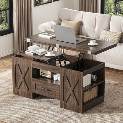 kepptory 39.4'' Lift Top Coffee Table with Storage, 4 in 1 Multi-Function Convertible Coffee Tables for Living Room, Farmhouse Coffee Table with Open Storage Compartment & Drawers (Walnut)