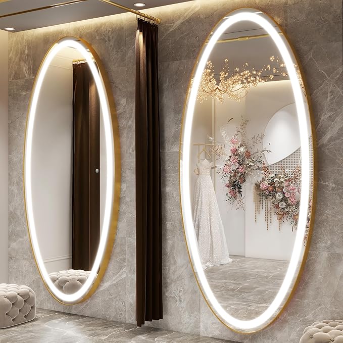 FENNIO 70" x 36" Large Wall Mounted Mirror with LED Lights, Oval Full Length LED Lighted Full Body Dressing Mirror for Bedroom, Salon, Brushed Aluminum Frame, Tempered Glass