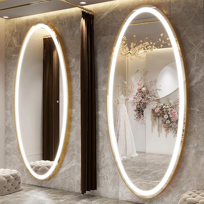 FENNIO 70" x 36" Large Wall Mounted Mirror with LED Lights, Oval Full Length LED Lighted Full Body Dressing Mirror for Bedroom, Salon, Brushed Aluminum Frame, Tempered Glass