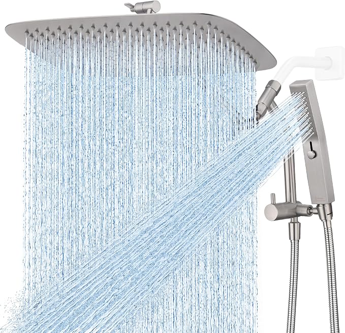G-Promise All Metal 16 Inch Rain Shower Head with Massage Mode Handheld Spray Combo, 3-Way Diverter with Pause Setting, Full Body Coverage, Modern Bathroom Upgrade (Brushed Nickel)