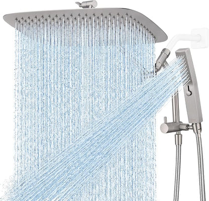 G-Promise All Metal 16 Inch Rain Shower Head with Massage Mode Handheld Spray Combo, 3-Way Diverter with Pause Setting, Full Body Coverage, Modern Bathroom Upgrade (Brushed Nickel)