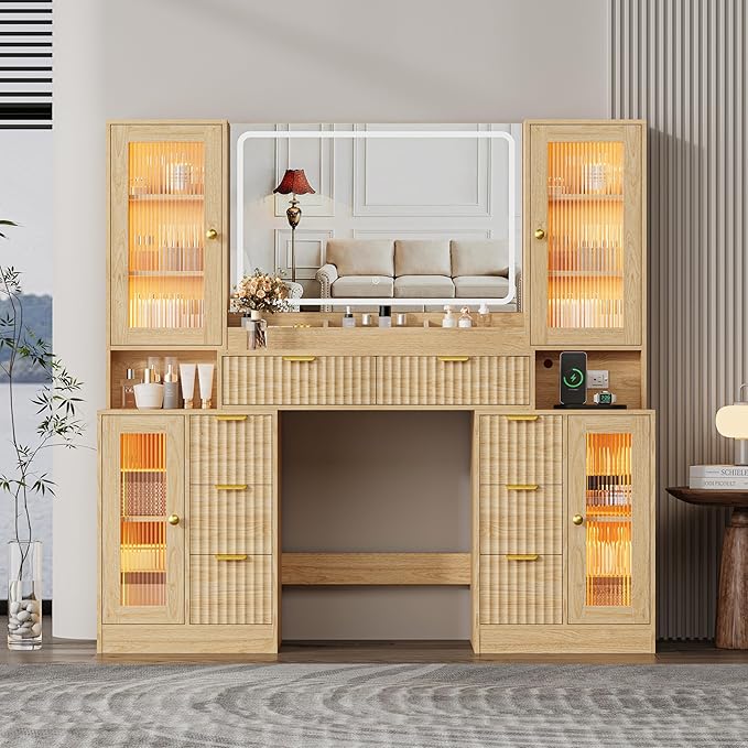 Fluted Makeup Vanity Desk with Mirror and Lights, 55" Glass Top Vanity with 8 Drawers & 4 RGB Glass Cabinets, Adjustable Shelves & Power Outlet, Modern Dressing Table Set for Women Girls Bedroom
