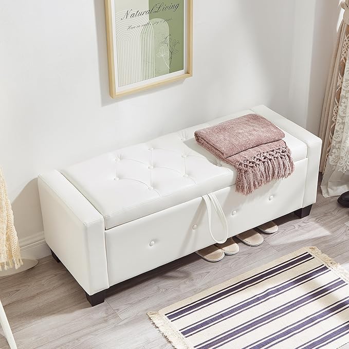 Furniliving Storage Bench, 48‘’ Upholstered PU Leather Ottoman Bench with Button-Tufted, Folding Bedroom Bench with Wood Legs, Entryway Bench for Bedroom, Cream White