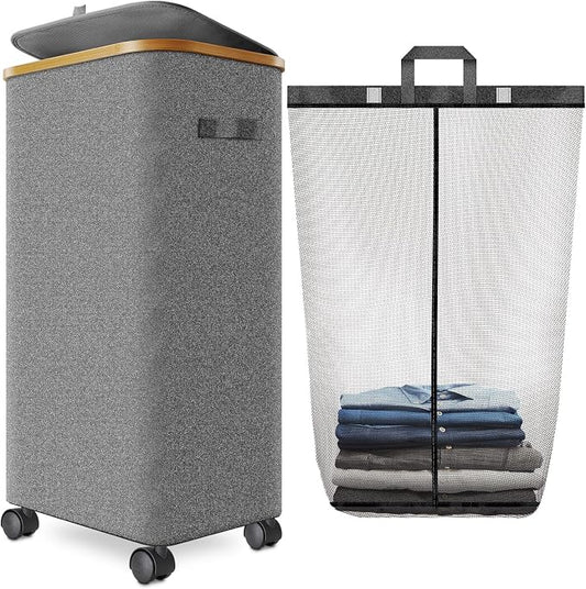 Laundry Hamper with Wheels,29 Gal (110L) Laundry Basket with lid Rolling Clothes Hamper Foldable Dirty Clothes Basket on wheels with Bamboo Frame and Bag for Bedroom, Dorm, Laundry Room-Grey