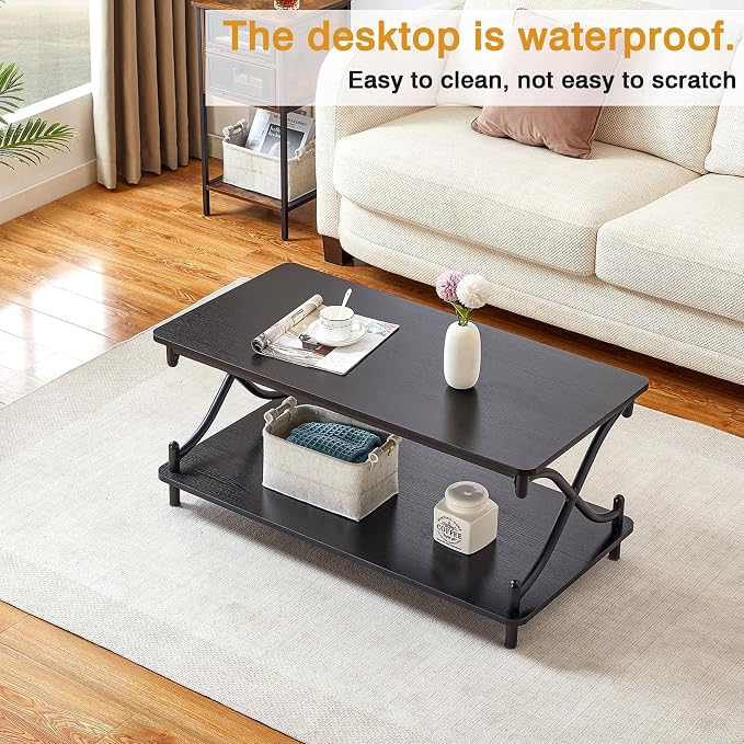 VECELO Coffee Table for Living Room with Round Corners Modern Farmhouse Center Table with Storage Shelf for Home Office 39 Inch, Easy Assembly, Classic Black
