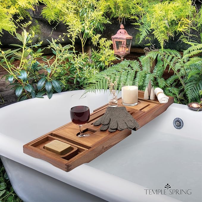Temple Spring Acacia Wood Bathtub Tray Caddy for Tub — Expandable Bath Tray with Solid Book Stand Wine Holder and Non-Slip Pads — Includes Soap Dish and Spa Accessories — Luxury Hardwood Bath Gift Set