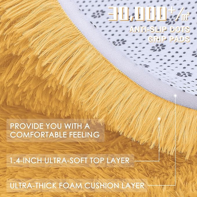 OLANLY Mustard Yellow Round Rugs for Bedroom - Machine Washable, 2 ft Circle Area Rugs for Living Room, Soft and Fluffy Shaggy Carpet for Teen Girl and Boys, Nursery Rooms, Dorms, Home Decor Aesthetic