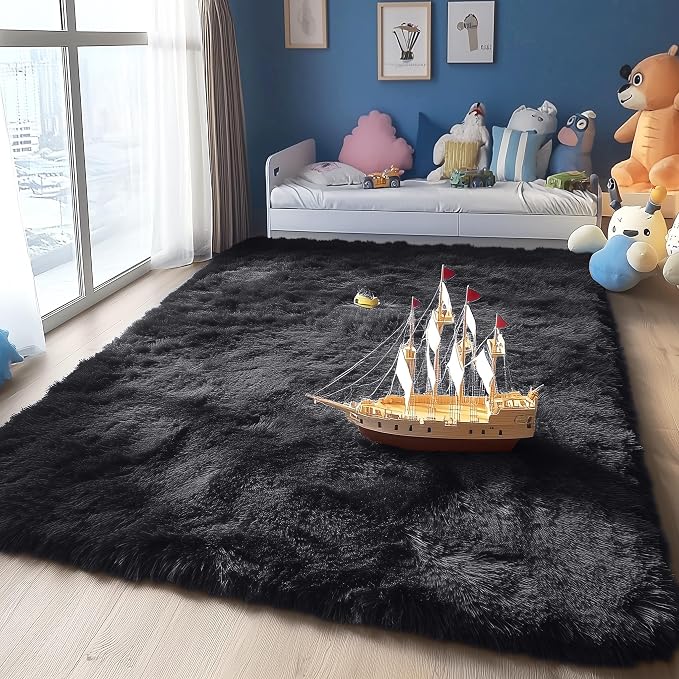OLANLY 5x11 Machine Washable Large Area Rugs for Living Room, Bedroom, Soft Fluffy Shaggy Bedside Rug, Indoor Floor Carpet for Kids Girls and Boys, Dorms, Nursery, Home Decor Aesthetic, Black