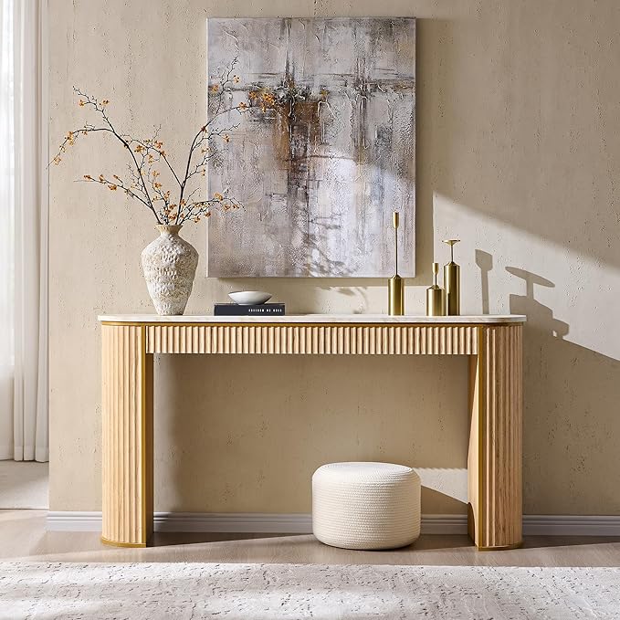 OKD Modern Fluted Console Table, 63" Long Narrow Entryway & Sofa Tables for Hallway, Tall Accent Table Behind Couch for Foyer Living Room, Natural Oak