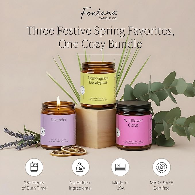 Fontana Candle Co Wood Wick Beeswax Jar Candles - 3-Jar Spring Bundle - Made with Coconut Oil & Pure Essential Oils – Clean Burn, Long Lasting and Non-Toxic Candles for Home & Room Decor