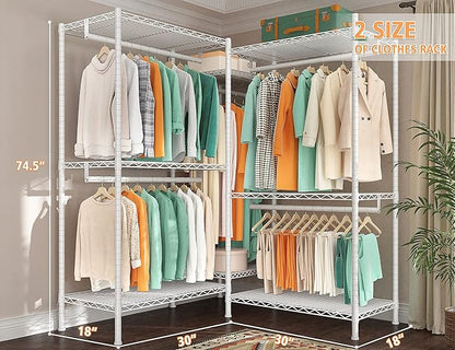 Raybee Clothes Rack, Clothing Racks for Hanging Clothes, L Shaped Clothing Rack for Corner 900LBS Heavy Duty Clothes Rack Garment Rack 74.5" W X 18" D X 77" H, White