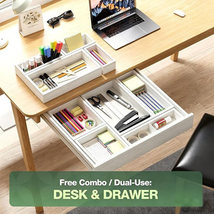 9-Pack Solid Wood Junk Drawer Organizer, Modular Desk Drawer Tray & Accessories with Non-Slip Pad, Multi-Use for Kitchen, Office, Bedroom Dresser, Utensil, Makeup, Stationery, Tea Bags & Coffee Pod
