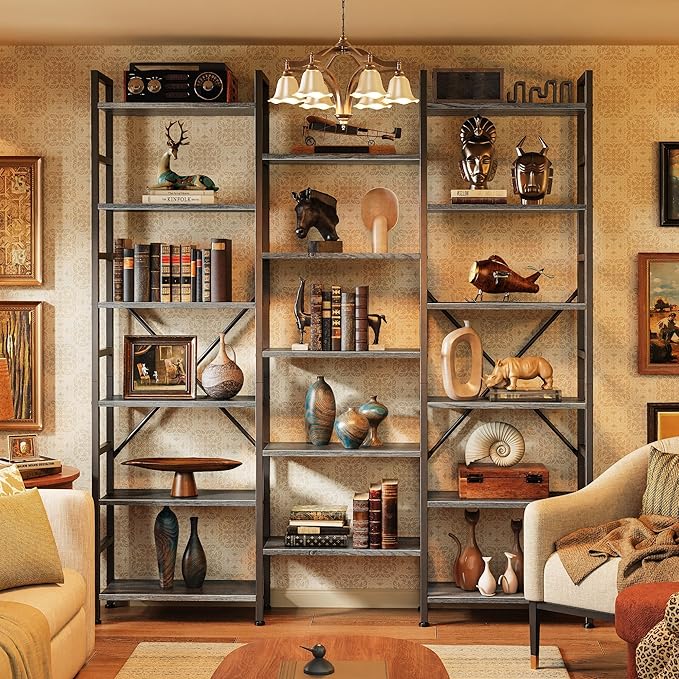 SUPERJARE Triple Bookshelf, Bookcase with 11 Open Display Shelves, Wide Book Shelf Book Case for Home & Office, 6 Tier, Grey