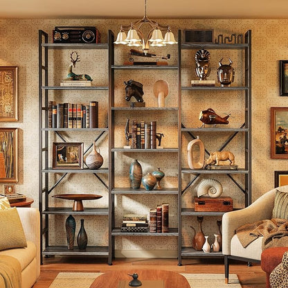 SUPERJARE Triple Bookshelf, Bookcase with 11 Open Display Shelves, Wide Book Shelf Book Case for Home & Office, 6 Tier, Grey