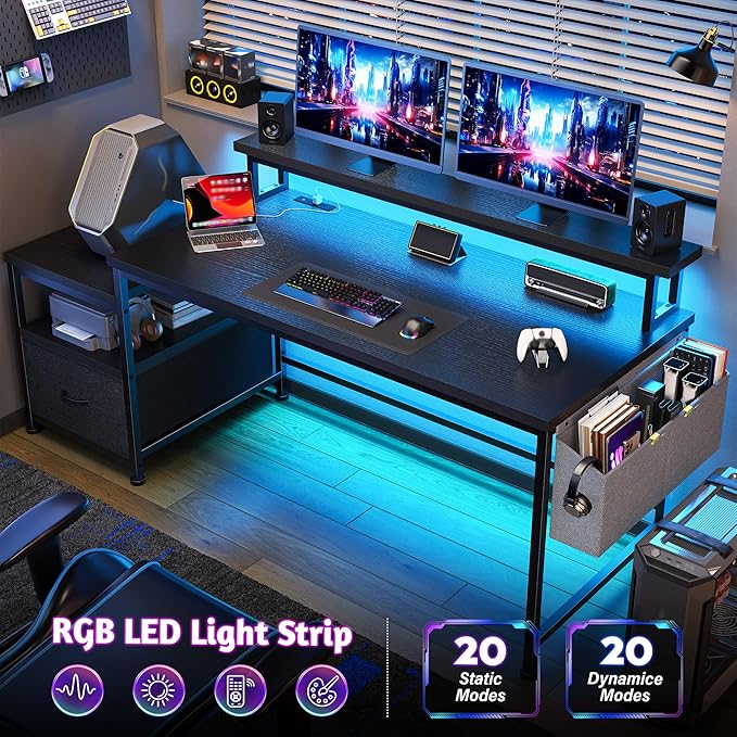 Gaming Desk with Monitor Stand,Computer Desk with LED Lights &Power Outlets,Office Desk with Drawers & Printer Shelf,Writing Table with Side Storage Bag,57" W x 20" D x 36" H,Black Desk