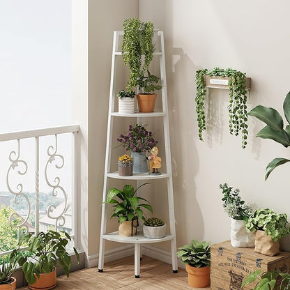 Hoctieon Corner Shelf, 4-Tier Corner Bookshelf, Rustic Corner Ladder Shelf, Industrial Display Shelf for Living Room, Kitchen, Home Office, Balcony, Small Space, Metal Frame, White