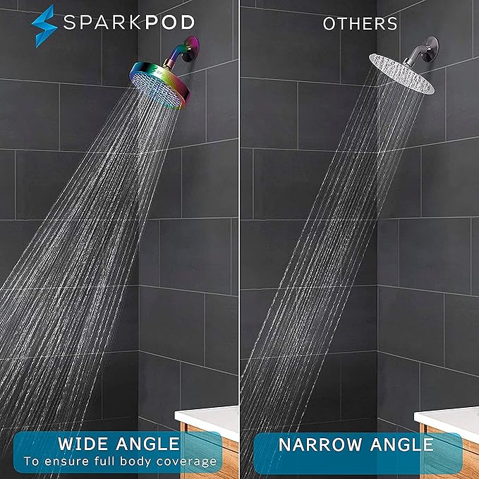 SparkPod Rain Shower Head, 6 Inch Round | High Pressure Shower Heads, 90 Nozzle (Touch-to-Clean), Adjustable Showerhead, No-tool Universal Connection
