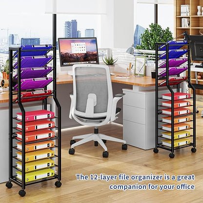 Simple Trending 12 Tier Rolling File Cart, Desk File Organizer with Sliding Trays and Metal Mesh Paper Letter Storage Multi Functional Rolling Clutter Cart for Office, Home, School, Black