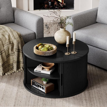 LINSY HOME Round Coffee Table, 31.5" Drum Coffee Table with Sliding Tambour Door, Fluted Accent Center Table with Storage, Mid Century Modern Coffee Table for Living Room (Black)