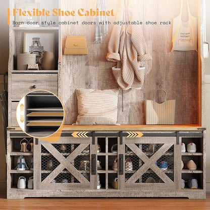 AMERLIFE 7-in-1 Farmhouse Hall Tree with Bench and Shoe Cabinet, LED Entryway Bench with 2 Drawers,12 Shoe Cubbies & Barn Doors, 7 Coat Racks & Adjustable Shelf, Rustic Gray