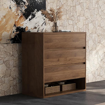 29.52" Mid Century Modern Nightstand, 3-Drawer Bedside Table with Open Shelf, Walnut Brown, Bedroom Dresser and Living Room Storage Cabinet for Small Apartment or Entryway