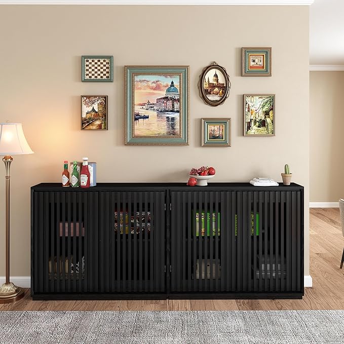 LKTART Buffet Cabinet Sideboard with Storage, Mid Century Modern Accent Credenza Cabinet with Doors & Shelves, Wood Coffee Bar Console Table for Dining Room,Kitchen,Entryway-Black