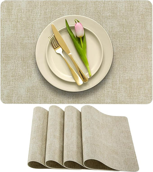 More Décor Faux Leather Placemats Set of 4 for Dining Table – Waterproof, Wipeable, Washable, Stain & Heat Resistant, Non-Slip Table Mats – 12 X 17 Inch, Beige