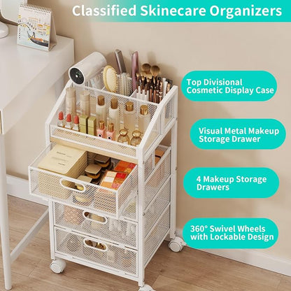 HapiRm Rolling Makeup Cart Organizer - Under Desk Makeup Storage with Wheels, Floor Make up Cart Skincare Organizers Desk Vanity Storage Organizer Cabinet for Cosmetics Makeup Brush Hair Tool, White