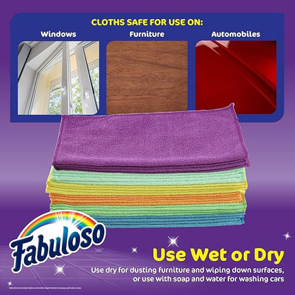 Fabuloso Microfiber Cleaning Cloths for Home & Car, Lint-Free Scratch-Free Rags for Glass, Kitchen & Wood, Reusable Machine Washable, Absorbent for Dusting & Wiping, Rainbow, 13 x 13 in, 24 Count