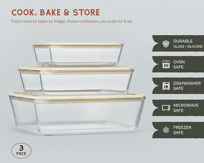 Vase and Vessel Non-Toxic Glass Storage Container Set, Borosilicate Glass, Tempered Glass Lids, Baking Pan, Airtight, Vented, Microwave, Oven & Dishwasher Safe, (Rectangular, Set of 3)