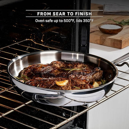 T-Fal Pro Tri-Ply Stainless Steel Fry Pan 10 Inch Induction Cookware, Oven Safe 500F, Fast & Even Heat, Professional Quality & Durability, Frying Pan, Skillet, Cookware, Silver