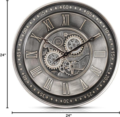CLXEAST 24 Inch Large Moving Gear Wall Clock for Living Room Decor, Antique Silver Metal Roman Numerals Wall Clocks for Home Office