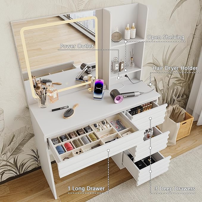 Fluted Vanity Desk with HD Mirror and Lights, Wood Makeup Vanity Table with 4 Drawers & Open Shelves, Mid Century Dressing Table Set with Charging Station, 3 Color Lighting Modes for Bedroom, White