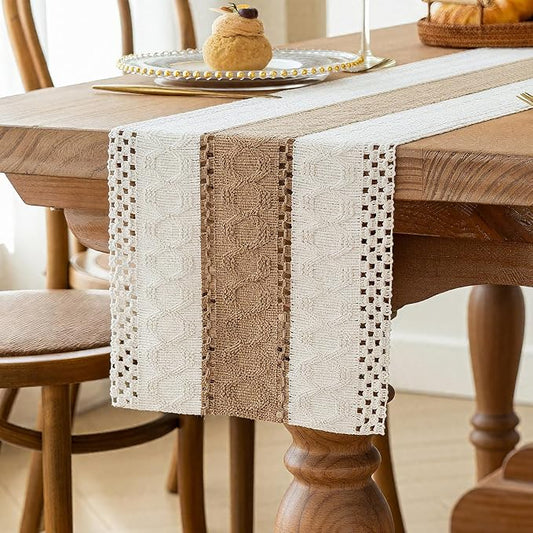 FEXIA Boho Table Runner for Home Coffee Decor 90 Inches Long Farmhouse Rustic Table Runner Macrame Burlap Centerpieces for Tables Decoration for Kitchen Bedroom Decor Bridal Shower (12x90 Inches)