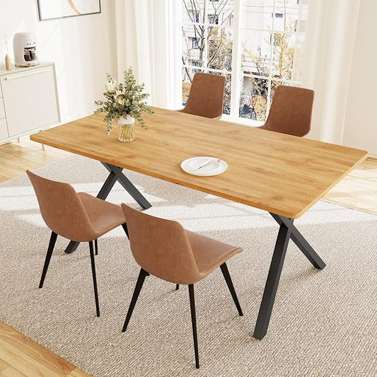 HIPIHOM 5-Piece Dining Table Set for 4-6 People, 63" MDF Kitchen Table with 4 Upholstered Chairs, Metal Legs for Dining Room, Kitchen(Oak Table+4 Brown Chairs)