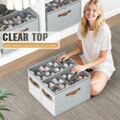 Budding Joy 2 Pack Shoe Organizer for Closet, Clear Foldable Shoe Storage Containers Adjustable Dividers Fits 16 Pairs,Shoe Storage Bins Baskets Boxes with Reinforced Handles Light grey
