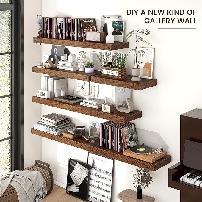 Floating Shelves for Wall, 55 Inch Wide x 12 Inch Deep Floating Shelves, Long Wood Floating Wall Shelf Shelves for Living Room Bathroom Bedroom Kitchen Home - (Brown, 55" W x 12" D x 2" H)