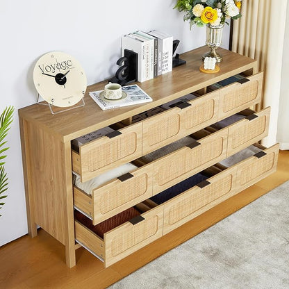 LEVNARY 9 Drawer Dresser for Bedroom, Rattan Dressers & Chest of Drawers, Large 58" Long Dressers Wooden Storage Organizer Dresser for Entryway, Living Room (Natural)