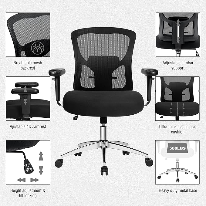 Bigroof Big and Tall Office Chair 600lbs, Heavy Duty Ergonomic Mesh Chair, Computer Executive Desk Chair with Wide Thick Seat, Adjustable Armrests, Lumbar Support