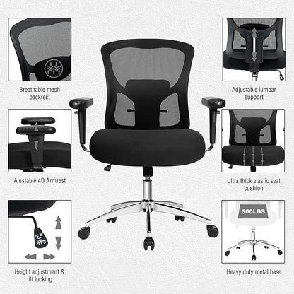 Bigroof Big and Tall Office Chair 600lbs, Heavy Duty Ergonomic Mesh Chair, Computer Executive Desk Chair with Wide Thick Seat, Adjustable Armrests, Lumbar Support
