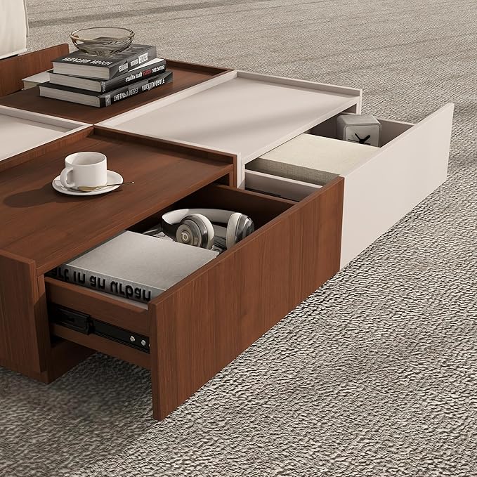 Coffee Table with Storage,Modern Center Table with 4 Hidden Drawers for Living Room,Rectangle Coffee Table for Home Furniture,Bedroom,Beige Gray and Dark Walnut