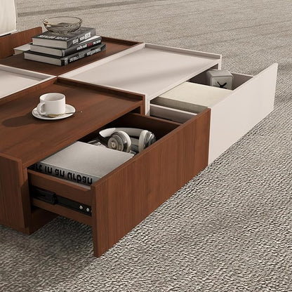 Coffee Table with Storage,Modern Center Table with 4 Hidden Drawers for Living Room,Rectangle Coffee Table for Home Furniture,Bedroom,Beige Gray and Dark Walnut