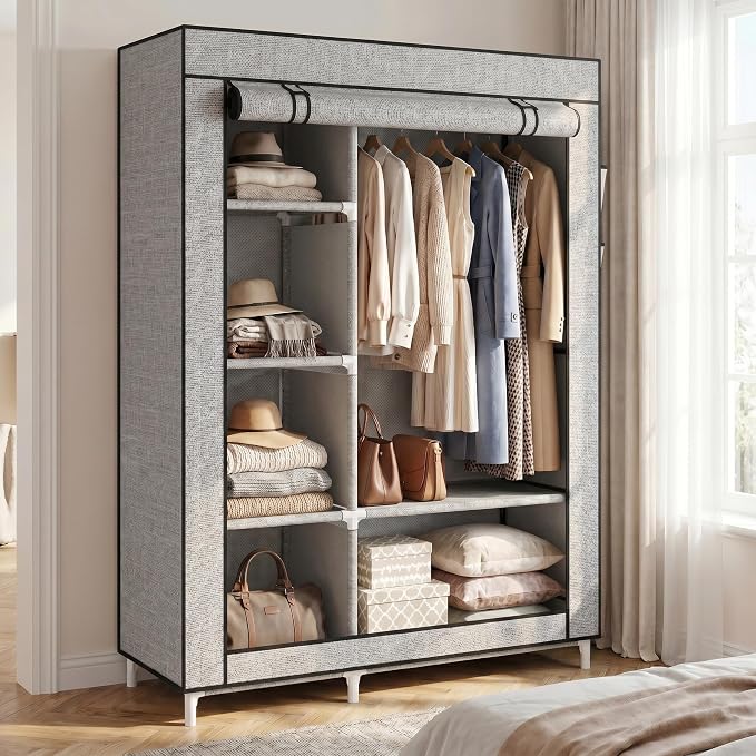 Calmootey Portable Closet Organizers, Clothing Storage, Wardrobe with 6 Shelves and Hanging Rod, Non-Woven Fabric Cover with 4 Side Pockets, Ash Grey