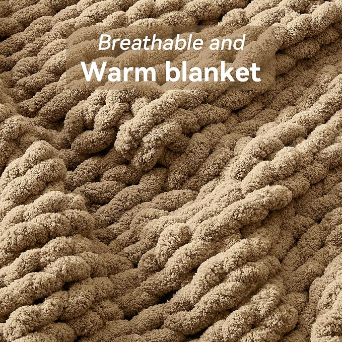 Negwoo Chunky Knit Throw Blanket, 80''*90'' Knitted Throw Chenille Yarn for Bed Couch, Handmade Light Brown Crochet Big Thick Blanket, Machine Washable Cute Comfy Blanket for Home Decor