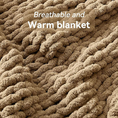 Negwoo Chunky Knit Throw Blanket, 30''*40'' Knitted Throw Chenille Yarn for Bed Couch, Handmade Light Brown Crochet Big Thick Blanket, Machine Washable Cute Comfy Blanket for Home Decor