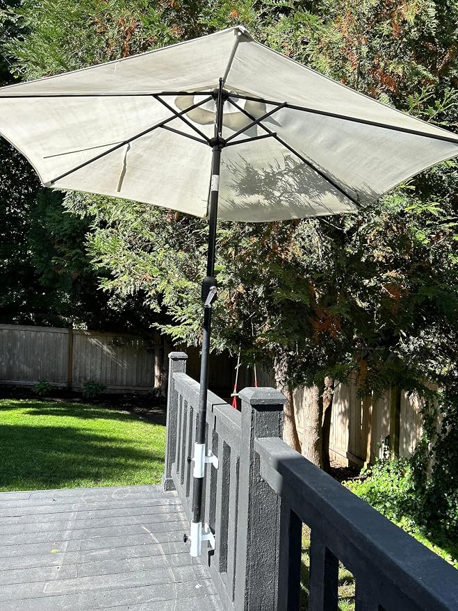 | Patio Umbrella Holder | 2 Piece Design | Outdoor Umbrella Base and Mount | Attaches to Railing Maximizing Patio Space and Shade