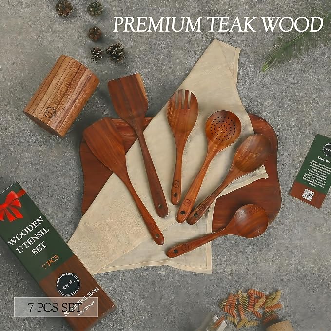 SOOMGYEOL SEOM 7-Piece Teak Wood Cooking Utensil Set with Holder | Wooden Spoons and Spatulas, Nonstick Safe, Heat Resistant, Kitchen Tools