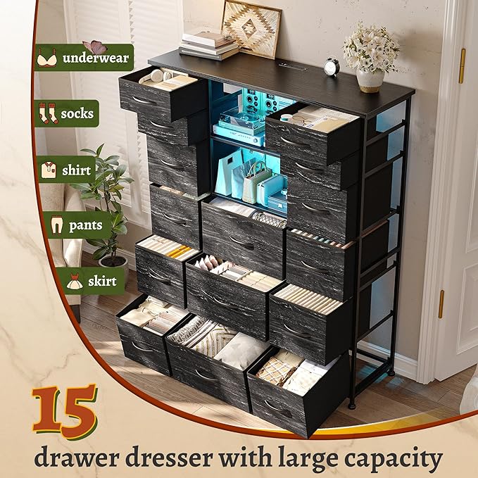 EnHomee 51" H Dresser with 15 Drawers Dresser for Bedroom with Charging Station & LED Lights & Hutch Sturdy Black Bedroom Dressers, Steel Frame, Wood Top, 51.2" H x 39.3" W x 11.8" D