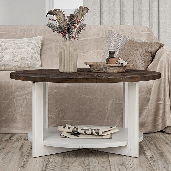 LONYKE Round Wood Coffee Table with Distressed Finish Top, Two-Tone Living Room Table with Lower Storage Shelf, Farmhouse Center Table, Large Circle, Brown and White